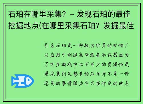 石珀在哪里采集？- 发现石珀的最佳挖掘地点(在哪里采集石珀？发掘最佳挖掘地点！)